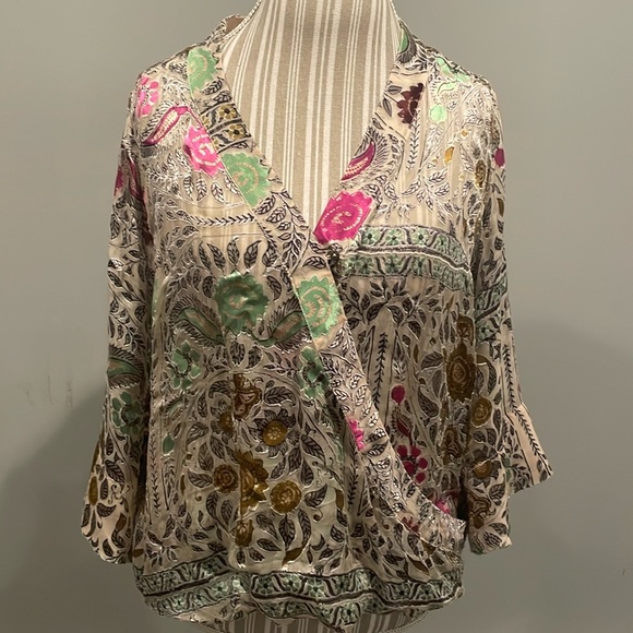 Anthropologie Tops - Anthropologie Floret Japonica Wrap Velvet Burnout Kimono Floral Silk ble…